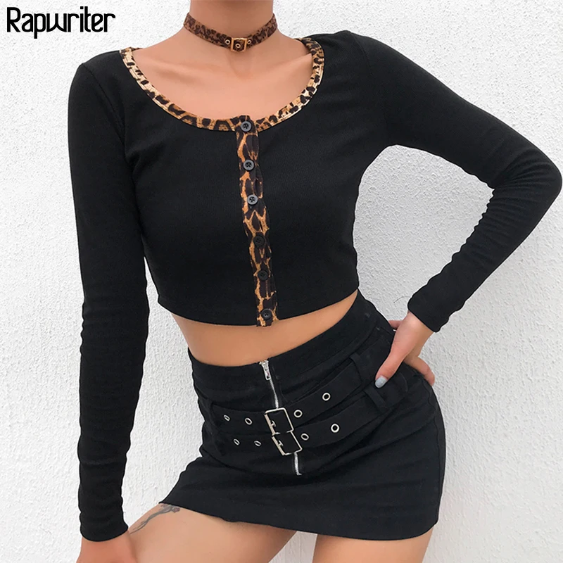 

Rapwriter Fashion Patchwork Leopard Vintage T-shirts For Women Long Sleeve Femme harajuku Woman Cloth Stretch Button Cropp tops