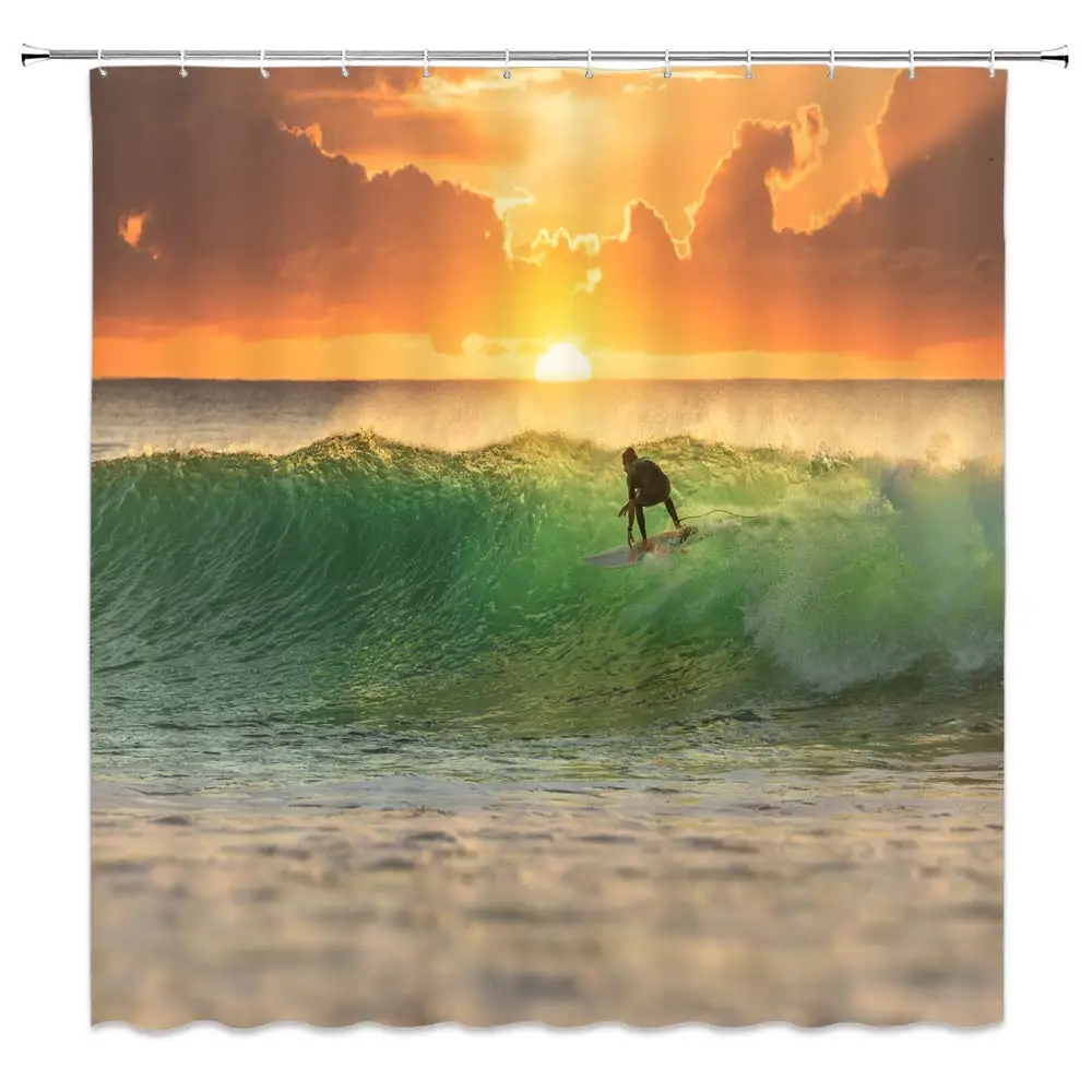 

Surfing Shower Curtain Decor Sunset Green Sea Surfer Bathroom Curtain 70 x 70 Inches Polyester Fabric Machine Washable with