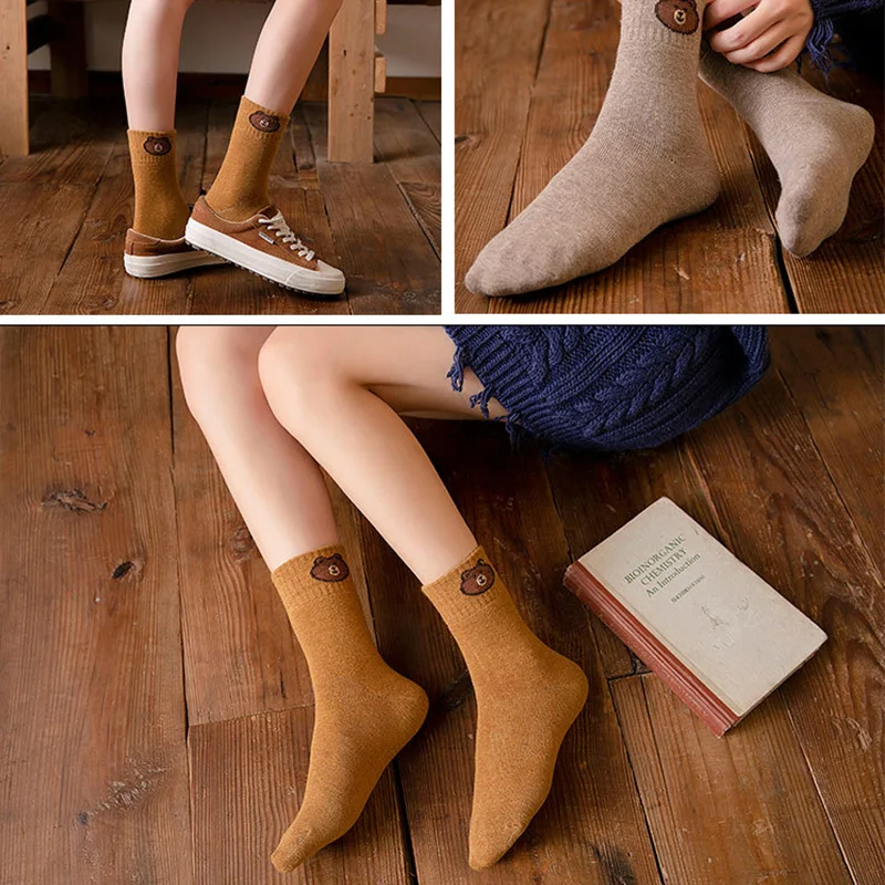

10pieces Women's Socks Bears Embroidery Cute Pattern Japanese style Cotton Ins Tidal Thickened Wool Socks in winter