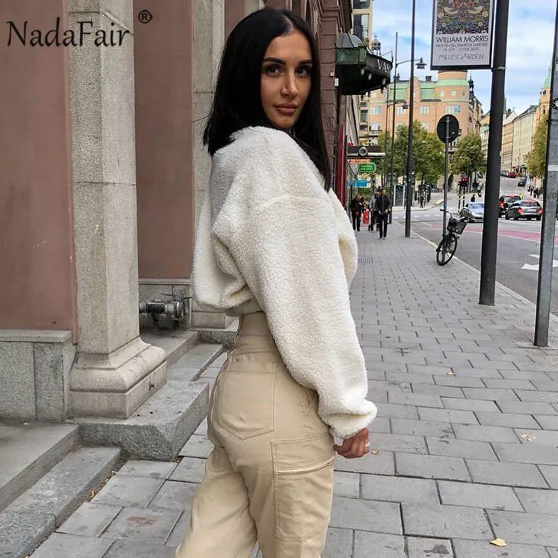  Nadafair Lambswool Cropped Hoodie Women White Long Sleeve Casual Winter Pullovers Autumn Soft Faux 