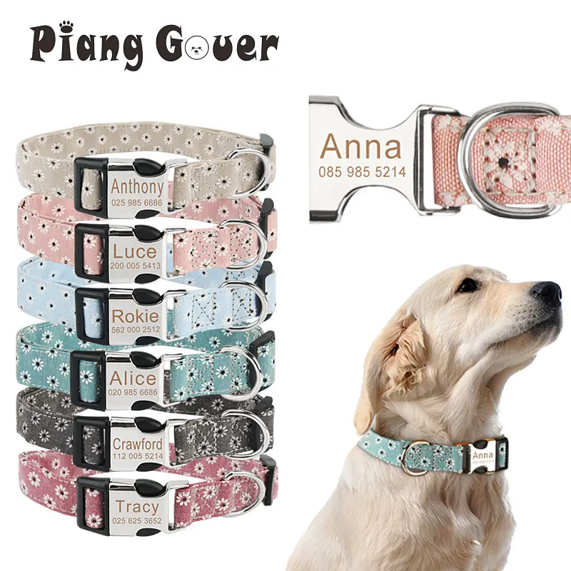 Dog Collar Pet Collar Customized Pet Collar Flower Dog Collar Engraved Tag ID Name Puppy Collars for Small Medium Large Dogs Pug