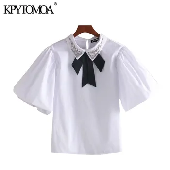 

KPYTOMOA Women 2020 Sweet Fashion Jewelry Appliques White Blouses Vintage Bow Tie Collar Puff Sleeve Female Shirts Chic Tops