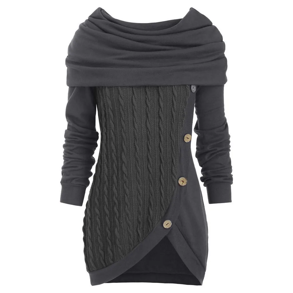 Женский свитер большого размера, однотонный, на пуговицах, с воротником, с капюшоном, неровный, вязанный, зимний, теплый, женский свитер#40