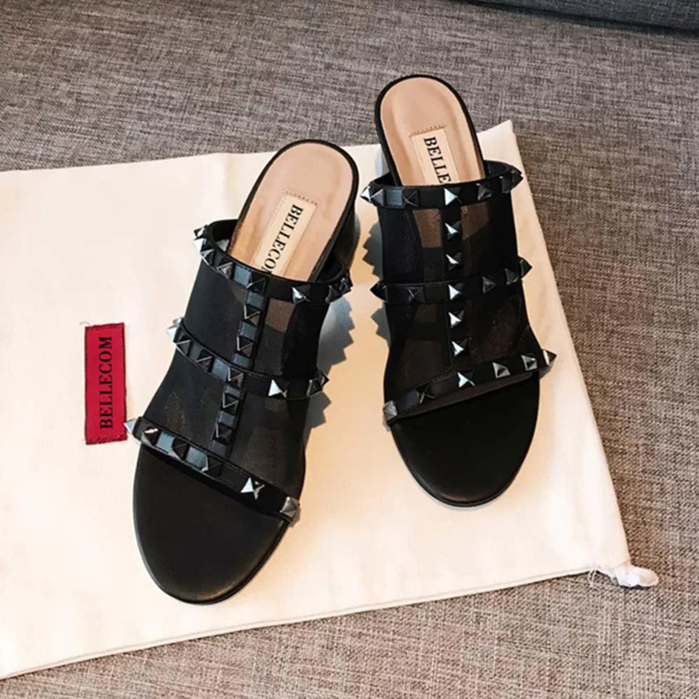 

BELLECOM 2019 summer mesh broiled horse sandals foal calf rivet open-toe thick heel temperament slippers