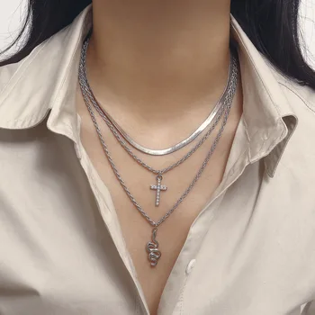 

Europe And America Accessories Retro Cool Serpentine Curved Necklace Multilayer Imitation Pearl Micro Pave Cross Necklace Women'