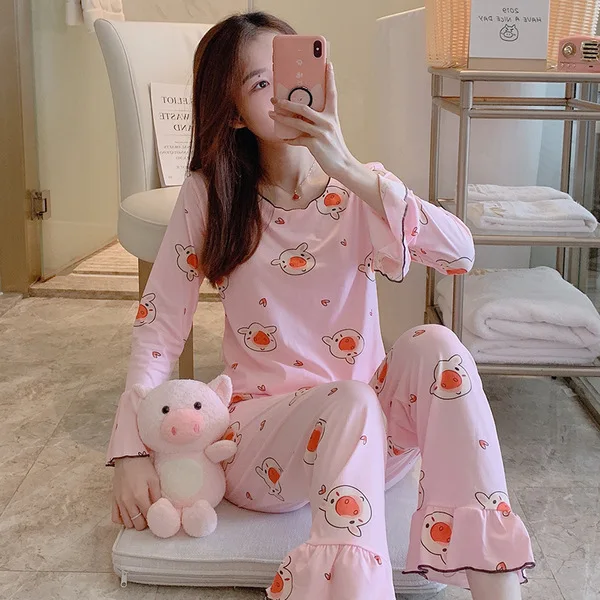 Wontive Autumn Women Long Sleepwear Suit Home Women Gift Female Sleepwear Cartoon female big plus size womens pajamas Sets