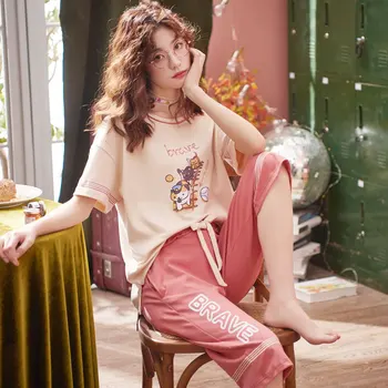 

2-piece suit short-sleeved cropped pants cotton summer large size M-2XL comfortable pajamas female students casual home service