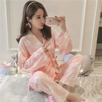 

Cotton Casual Pajama Set for Women 2020 Autumn Winter Long Sleeve Floral Print Kimono Pyjama Homewear Girls Lounge Home Clothing