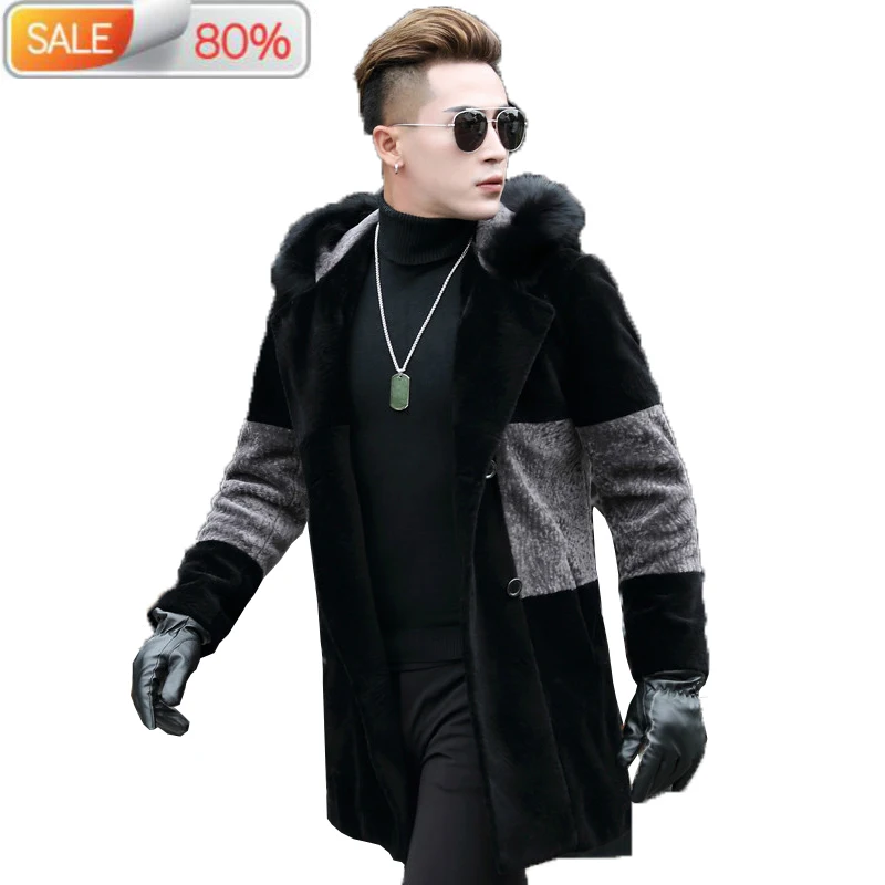 

Real Coat Men Sheep Shearling Men's Winter Jacket Leather Hooded Fox Fur Collar Windbreaker Long Wool CoatA725 B2A14