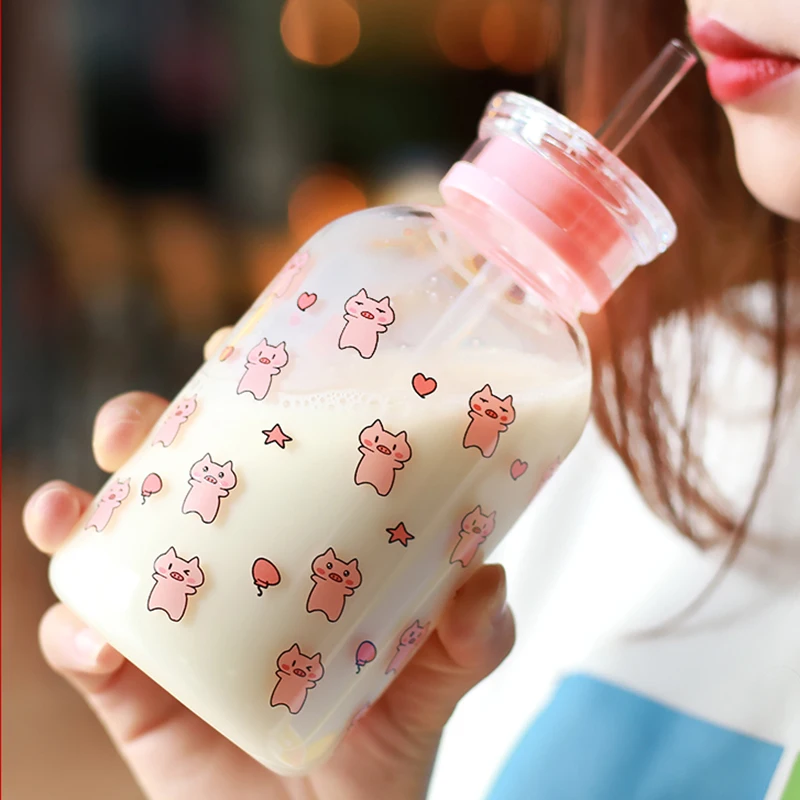 Creative Pig Water Cup Glass Bottles Kawaii Bottle Eco Friendly with a Straw Glasses Cute My Cups Waterbottle | Дом и сад
