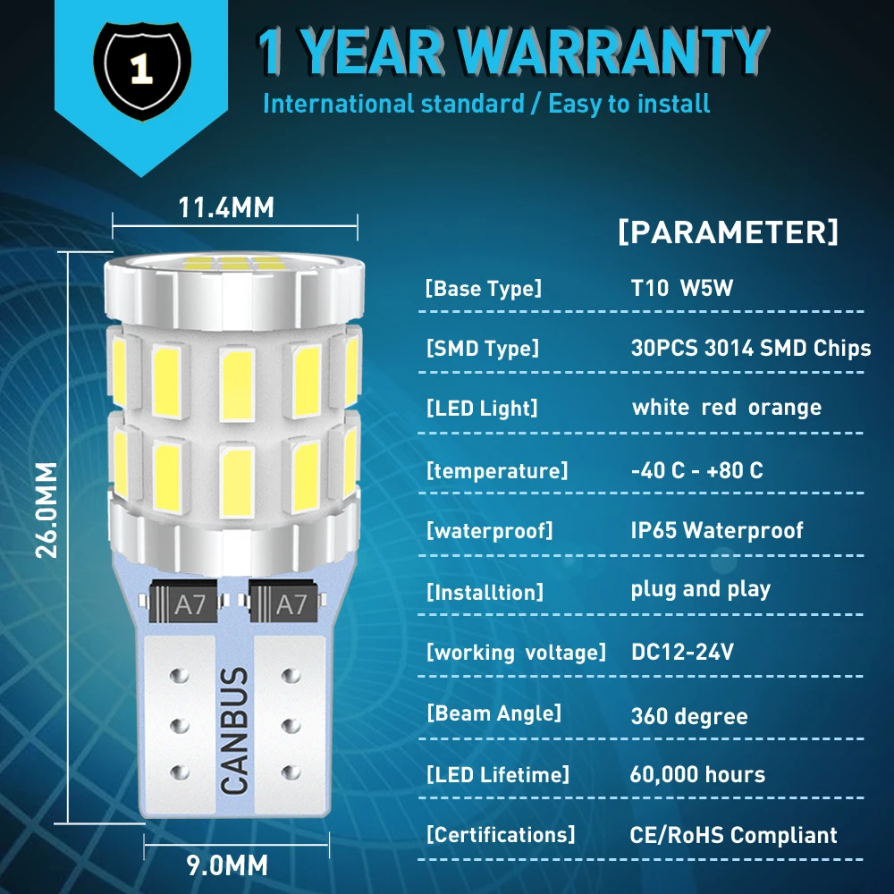 Светодиодсветодиодный лампы T10 W5W Canbus с клиновидным цоколем для парковки