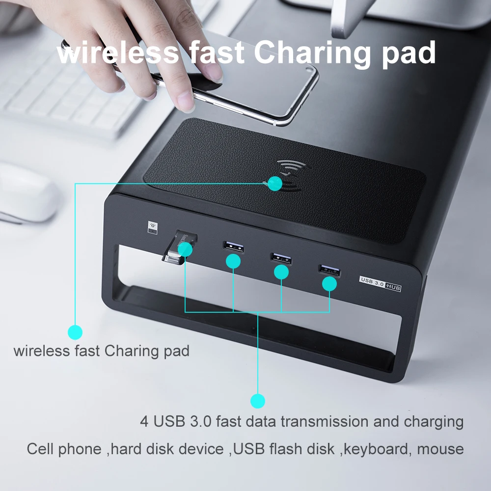  USB3.0 Wireless Charging Aluminum Monitor Stand Riser Support Transfer Data and ChargingKeyboard an