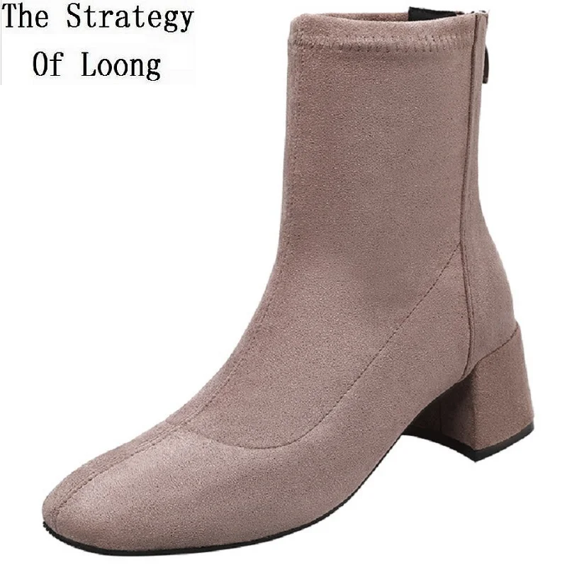

Spring Autumn Winter Korean Style Fashion Square Toe Flock Short Women Equestrian Boots Zipper Plush Inside Lady Shoes 190920