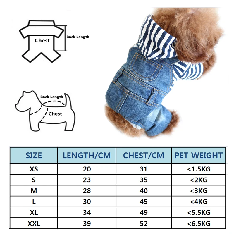 Джинсовые полосатые комбинезоны для домашних животных собак, щенков, кошек, худи, джинсовое пальто, четыре фута, одежда для маленьких собак, плюшевый Йоркский свитер