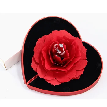 

3D Fashion Elegant Rings Joyful Red Box Wedding Engagement Case Rose Flower Gift For Love Jewelry Display Storage Holder