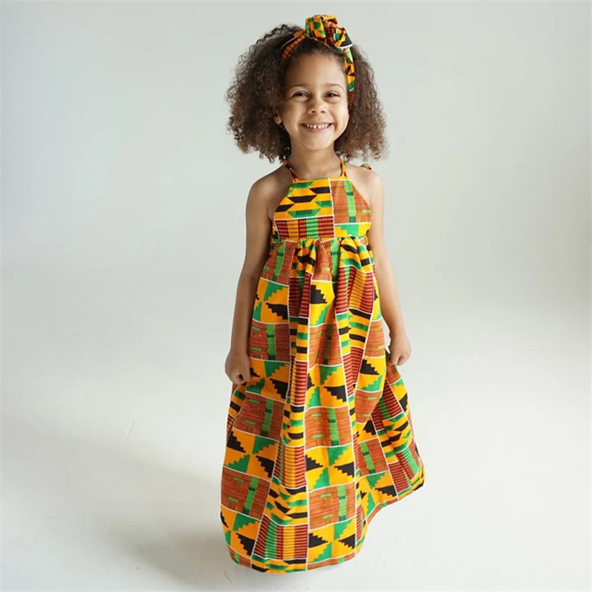 

Children African Traditional Dress Fashion Printed Off Shoulder Elegant Dashiki Girls Summer Floor Length Dress with Headband