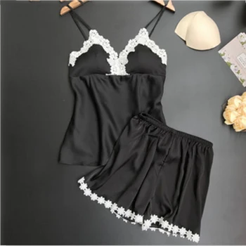

Festive Chinese Style Pyjamas Women Summer Shorts Sexy Nightwear Two-piece Satin Set Suit Artificial Silk Home Lace Chest Pad