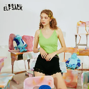 

ELFSACK Candy Color Solid Minimalist V Neck Sling Women Tank 2020 ELF Summer Pure New Sleeveless Sexy Ladies Korean Camis Tops