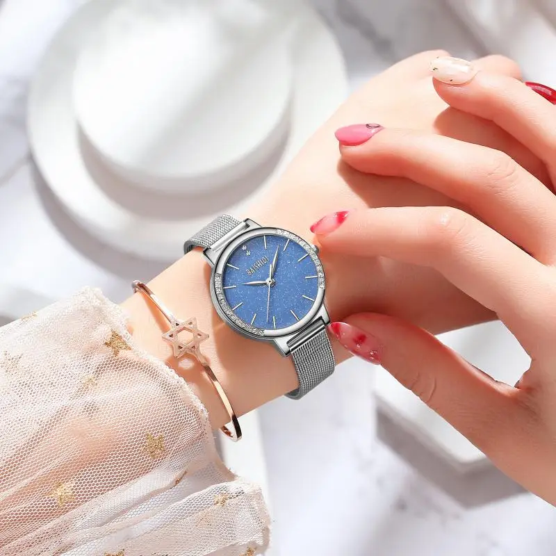 Summer Blue Dial Women Watches Waterproof Stainless Mesh WristWatch Fashion Diamond Quartz Watch Clock Women Female