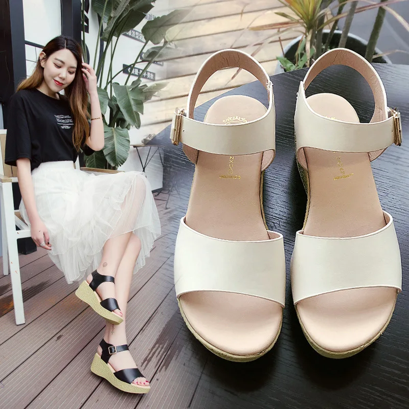 

2019 Summer New Style WOMEN'S Sandals Simple Slanted Heel Straight-line Buckle Versatile Waterproof Platform Platform Thick Bott