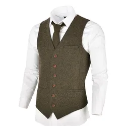 Wool Tweed Mens Waistcoat Single-breasted Herringbone Slim Fitted Suit Vests 007
