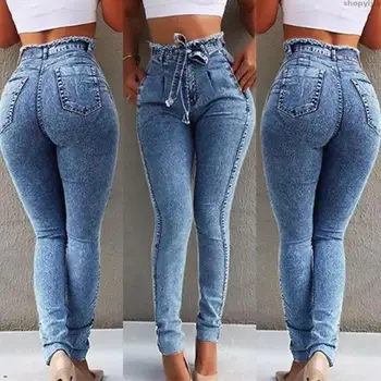 

Tassel Drawstring Slim Jean Femme Stretch Woman Casual Pencil High Waist Jeans Demin Ladies Jeans Oeak Summer Solid Skinny Jeans