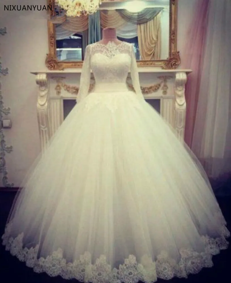 

Vestido De Noiva 2020 Muslim Long Sleeves Wedding Dresses Ball Gown Tulle Lace Appliques Boho Dubai Arabic Wedding Gown