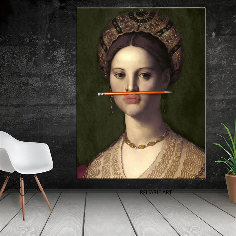 Classical European Oil Woman Canvas Fun Lips Pen Paintings Wall Abstract Landscape Art Prints Posters Pictures Home Decor | Дом и сад