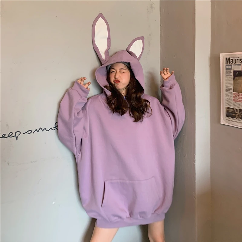 

Spring Autumn Women Hoodie cotton Full-Sleeve Lovely rabbit ears pocket casual plus size loose pullover Sweatshirts tops