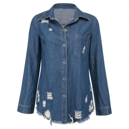 Denim Blue Шикарная Женская Осенняя джинсовая куртка с длинным рукавом и отложным воротником, рваная джинсовая куртка с карманами, трендовая женская джинсовая куртка-кардиган - Цвет: Denim Blue