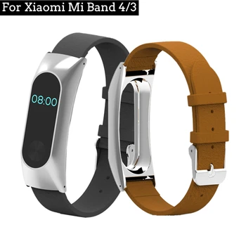

For Xiaomi Miband 4 3 Leather Watch Band Strap with Metal Case Cover Bracelet for Xiaomi Mi Band 3 4 Replacement Wristband Belt
