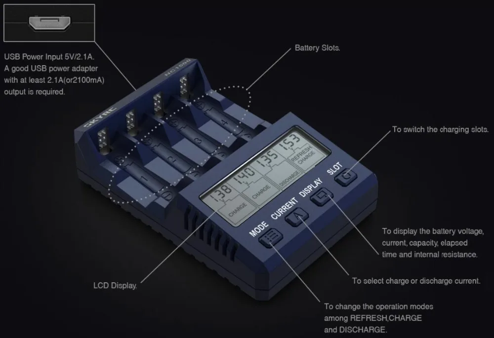 Интеллектуальное зарядное устройство с ЖК-дисплеем NC1500 5V 2.1A 4 слота для анализатора AA/AAA NiMH разрядки и обновления