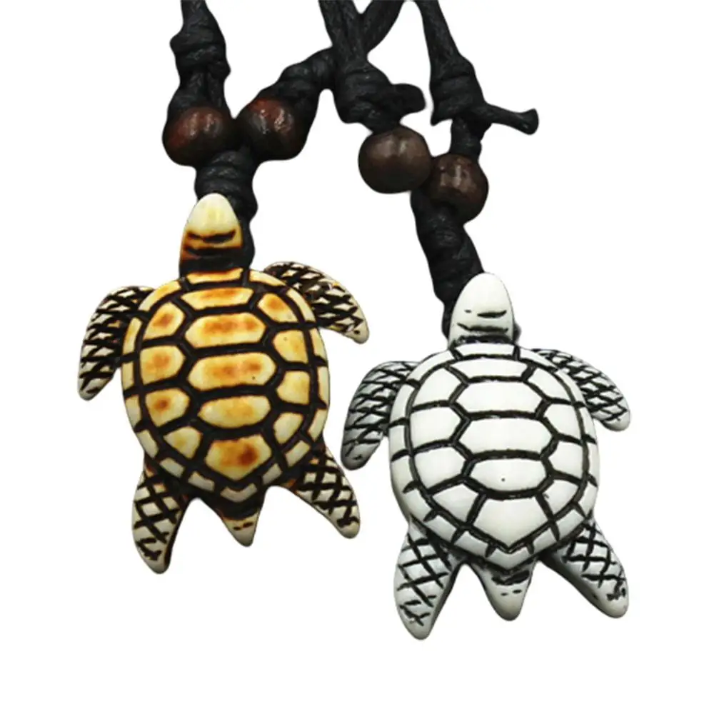 Vintage Sea Turtle Necklace Pendant Tortoise Engraved Bone Leather Wax Rope Necklace for Women Unisex 2Pcs