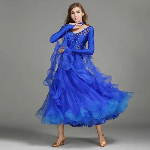 blue Белое Бальное Платье с длинными рукавами, платья для бальных танцев, фокстрот, танцевальное платье, стандартное бальное платье, Одежда для танцев с блестками - Цвет: blue