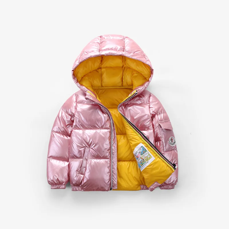 Детское зимнее пальто повседневная однотонная детская пуховая куртка пальто на утином пуху короткие парки с капюшоном и принтом из фольги для мальчиков и девочек, От 3 до 8 лет