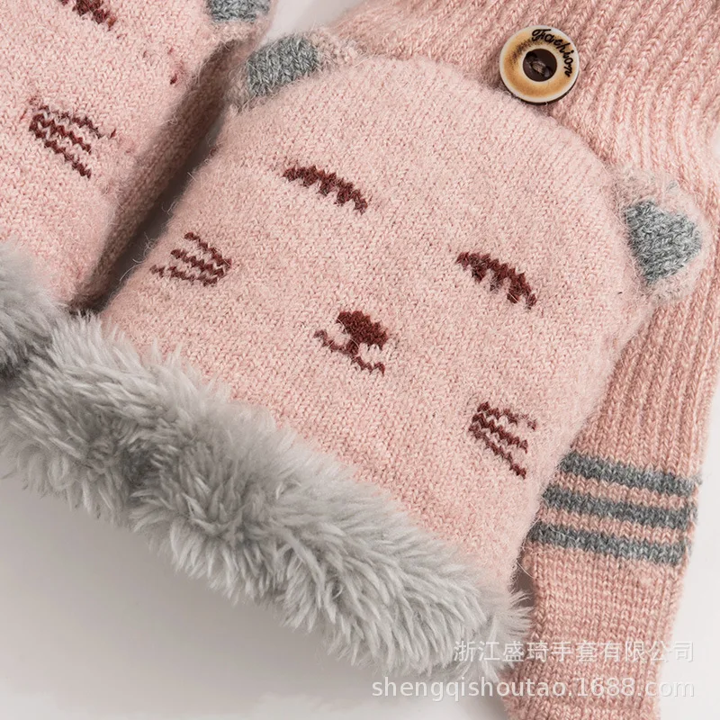 Sheng qi Winter New Style Knitted Women's Flip plus Velvet Korean-style Warm Students Gloves Manufacturers on Behalf