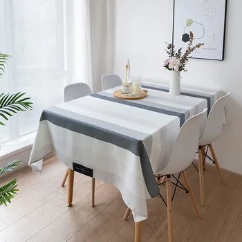 

DUNXDECO Tablecloth Water Proof Dinner Table Cover Fabric Modern Nordic Simple Gray Stripe Print Linen Cotton Bar Store Decor