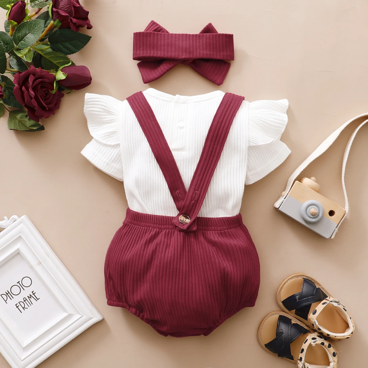 3Pcs Newborn Summer Baby Girls Clothes Set Toddler Button Romper New Born Infant Cute Outfit Ruffle Short Sleeve Shorts Headband newborn baby clothing set