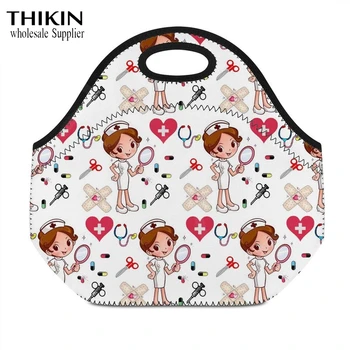 

THINK Travel Insulated Lunch Bags Women Cute Cartoon Nurse Print Neoprene Food Case School Cooler Warm Large Box For Kids Custom