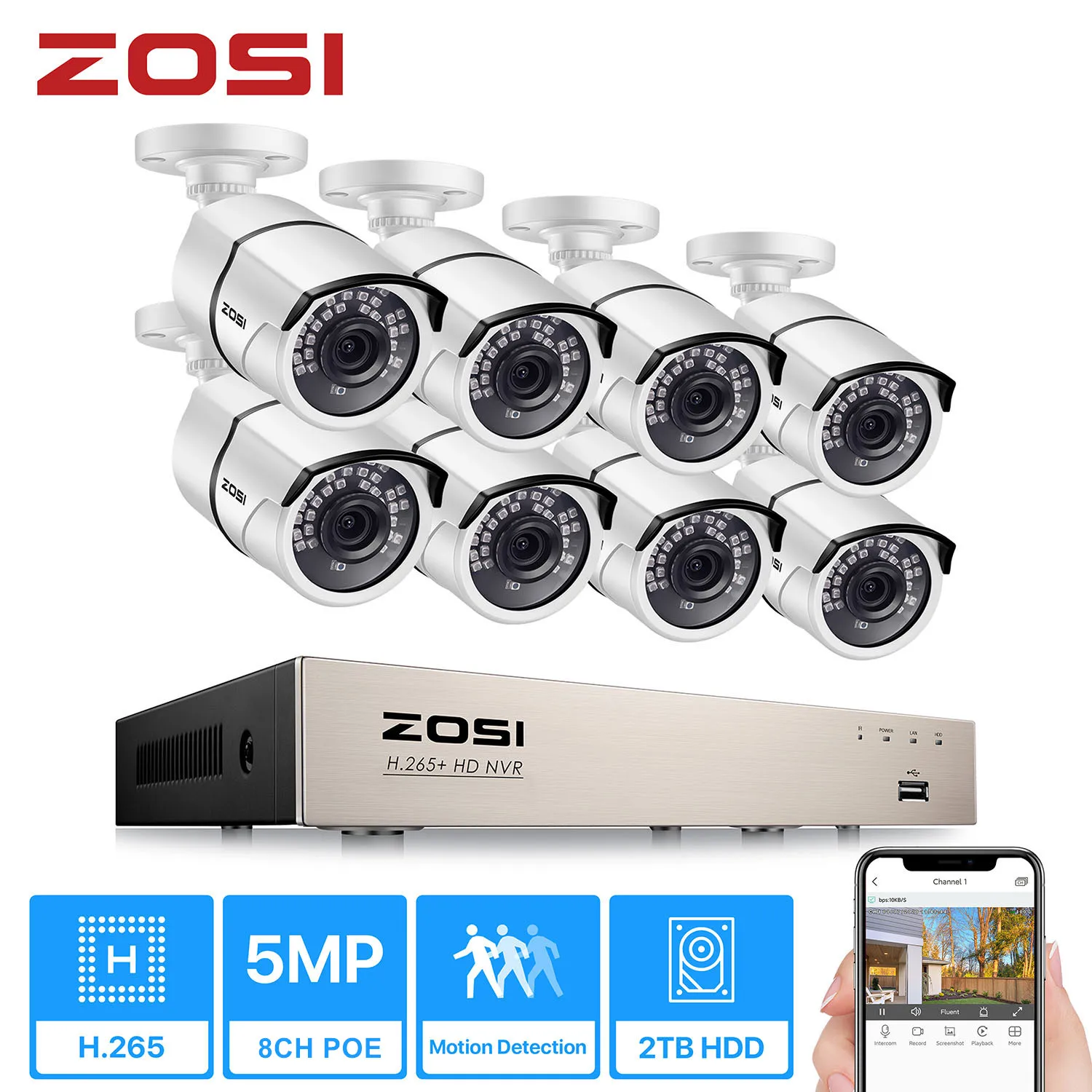 ZOSI H.265+ 8CH 5MP POE Security Camera System Kit 8 x 5MP Super HD IP Camera