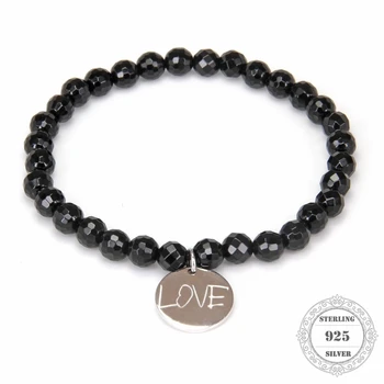 

HEMISTON TS Black 6mm Bead Bracelets with 925 Sterling Silver Love Charm, 16cm-25cm, Women Fine Jewelry TS 006
