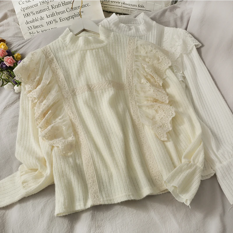 

Spring Lace Ruffle Knitted Sweater Women 2021 Cropped Knitted Sweater Vintage Lantern Sleeve Female Pullovers Chic Bottoming Top