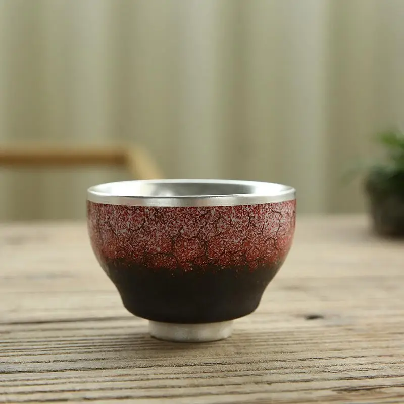 Tang She, 999 Чистое серебро, чайная чашка, керамическая, серебряная, позолоченная, четыре сезона, чайная чашка, пуэр, личный владелец, одна чашка - Цвет: Ceramic silver cup