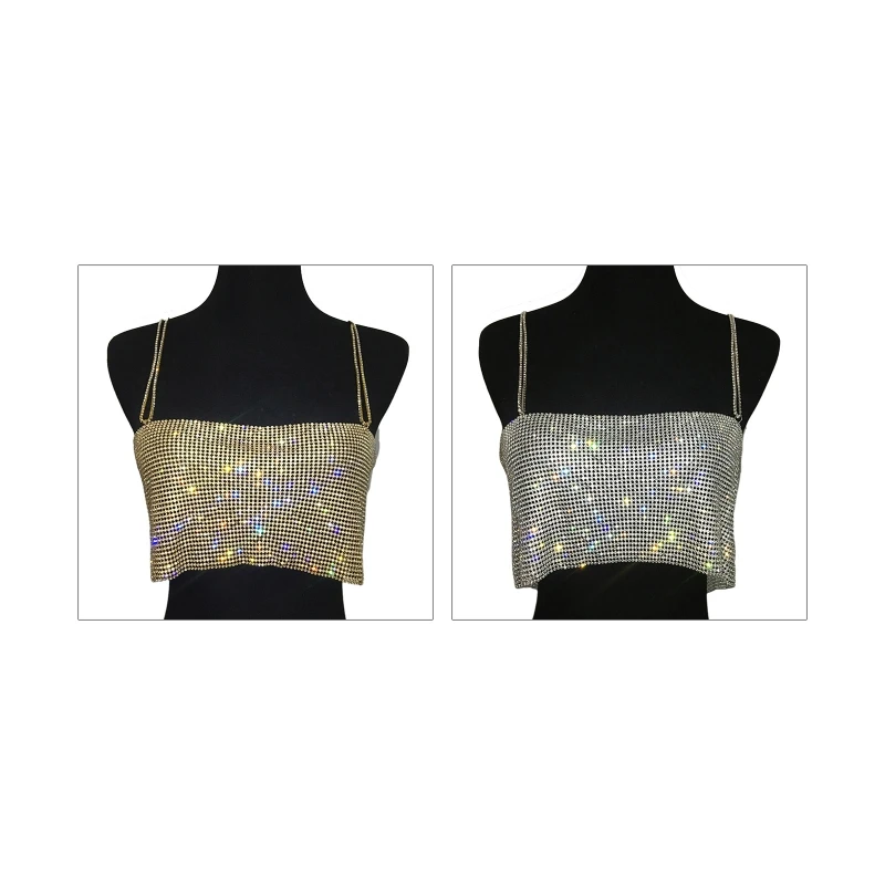 

Women Spaghetti Strap Crop Top Shiny Rhinestones Backless Vest Bandeau Tank Tops T8NB