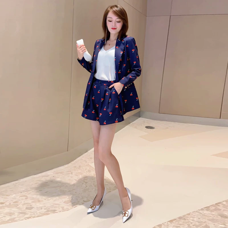 

High Quality Autumn New Fashion Party Workplace Long Sleeve Suit Tops Mini Pencil Shorts Vintage Elegant Chic Women'S Print Sets