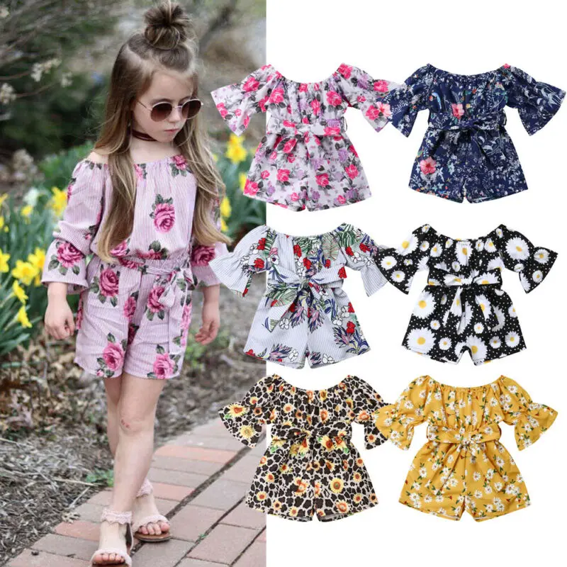 

2019 New Infant Kids Baby Girl Off shoulder Flare Sleeve Floral Romper Jumpsuit Playsuit Outfits Summer Sunsuit Clothes