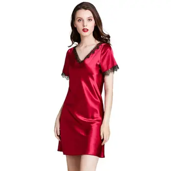 

Women Imitation Silk Short Sleeve V-Neck Eyelash Floral Lace Nightgown M7DD