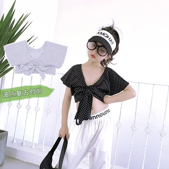 

Baby Girl's T-shirt 2020 Summer New Style Big Boy V-neck Pleated Loose Casual Western Style Chiffon Polka Dot Short-Sleeved Top