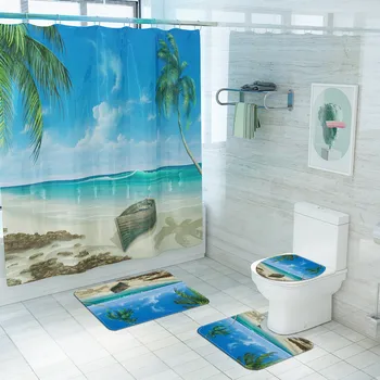 

4Pcs/Set Household Natural Ocean Scenery Printing Shower Curtain Bathroom Mat Toilet Seat Mat Bathroom Non-slip Floor Mat Set