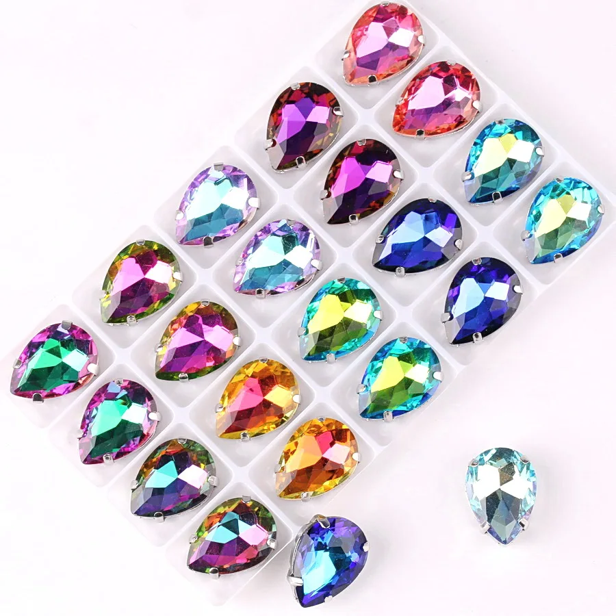 Sew on Rhinestones Water drop shape Silver claw settings Jelly candy AB colors Glass Crystal
